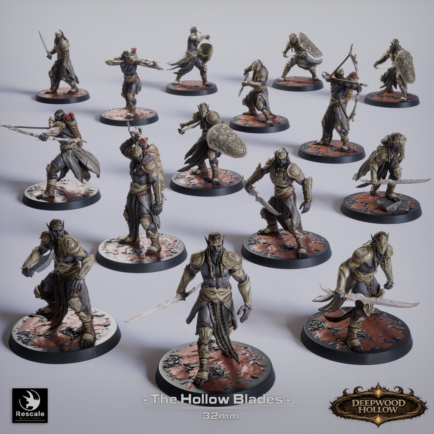 The Hollow Blades – Dark Elf Warrior Set (15 Models) | Deepwood Hollow | Rescale Miniatures | Fantasy Infantry | Tabletop RPG Miniatures