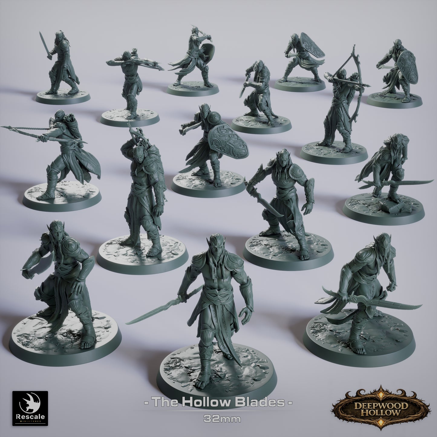 The Hollow Blades – Dark Elf Warrior Set (15 Models) | Deepwood Hollow | Rescale Miniatures | Fantasy Infantry | Tabletop RPG Miniatures